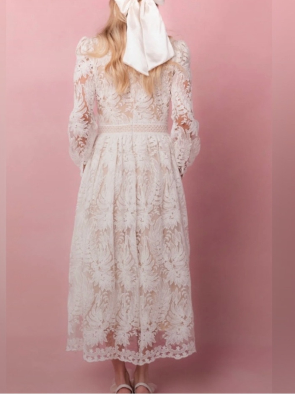 Ivy City Co White Lace Midi Dress with Long Sleeves - Picture 4 of 7